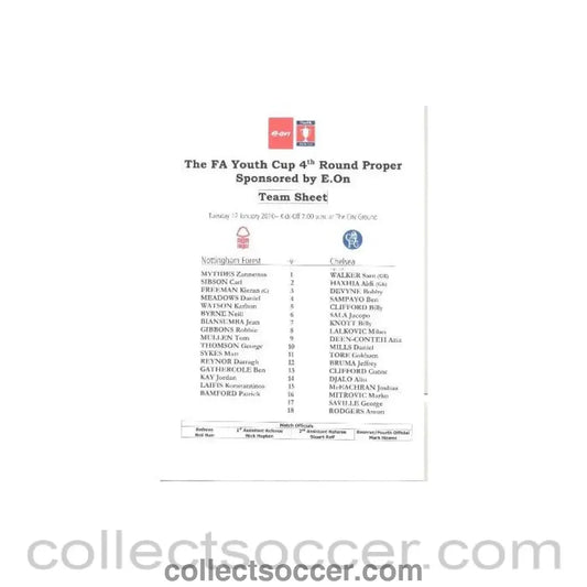 2010 - Nottingham Forest v Chelsea official colour teamsheet 12/01/2010 FA Youth Cup - Collect Soccer