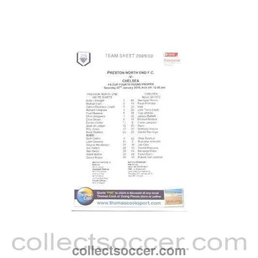 2010 - Preston North End v Chelsea teamsheet 23/01/2010 - Collect Soccer