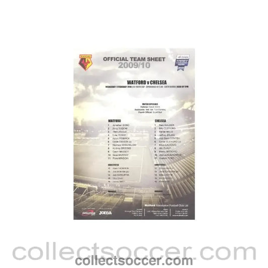2010 - Watford v Chelsea official colour teamsheet 17/02/2010 FA Youth Cup
