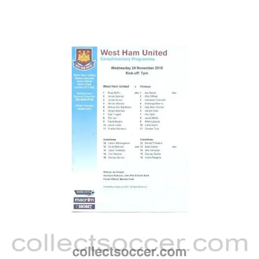2010 - West Ham United vChelsea official programme 24/11/2010 Barclays Premier Reserve League - Collect Soccer