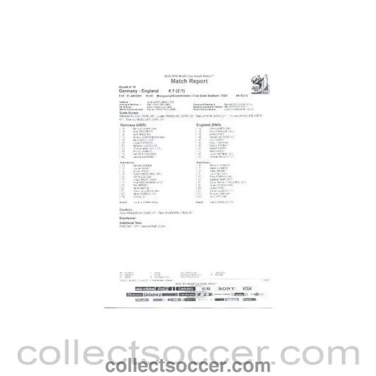 2010 World Cup official black and white full - time Match Report Germany v England 27/06/2010 - Collect Soccer