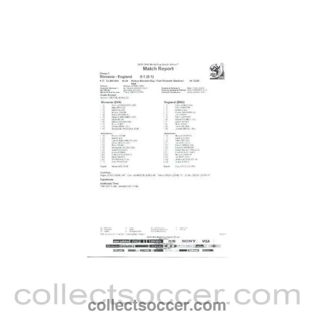 2010 World Cup official black and white full - time Match Report Slovenia v England 23/06/2010 - Collect Soccer