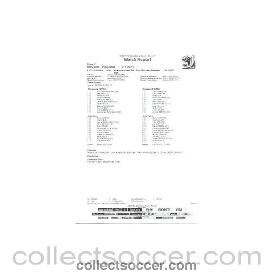 2010 World Cup official black and white full - time Match Report Slovenia v England 23/06/2010 - Collect Soccer