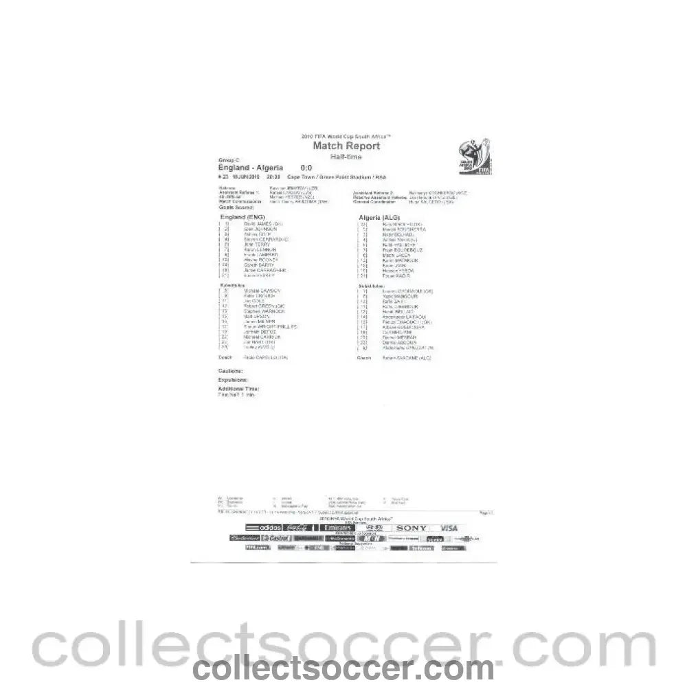 2010 World Cup official black and white half - time Match Report England v Algeria 18/06/2010 - Collect Soccer