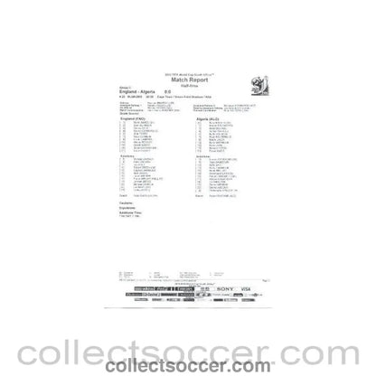 2010 World Cup official black and white half - time Match Report England v Algeria 18/06/2010 - Collect Soccer