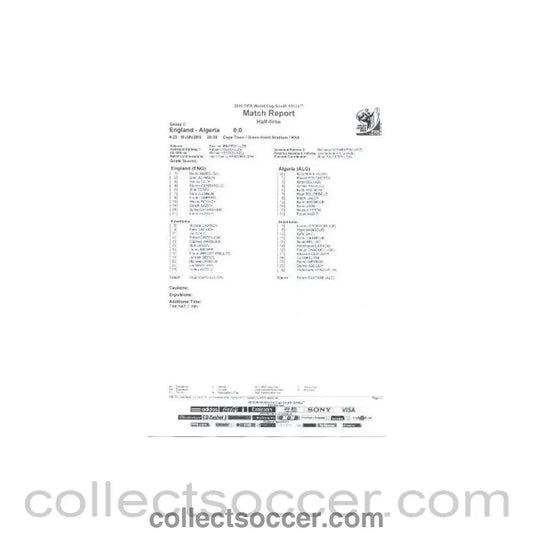 2010 World Cup official black and white half - time Match Report England v Algeria 18/06/2010 - Collect Soccer