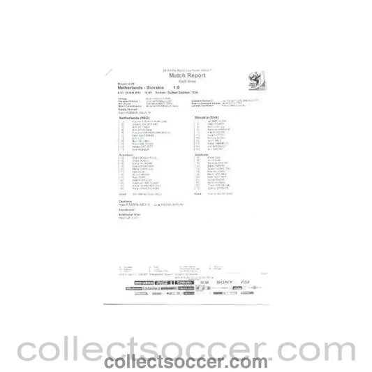 2010 World Cup official black and white half - time Match Report Netherlands v Slovakia 28/06/2010 - Collect Soccer