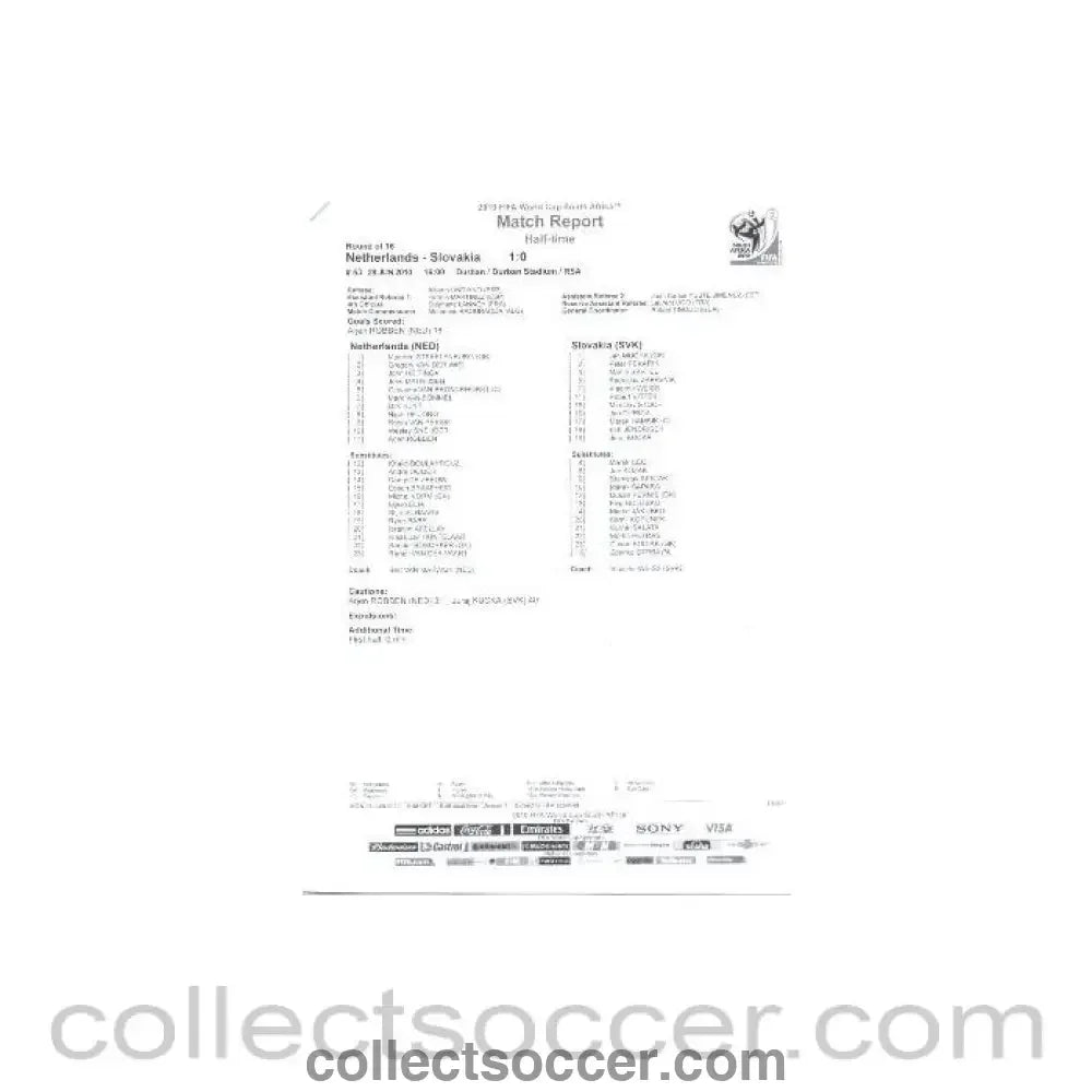 2010 World Cup official black and white half - time Match Report Netherlands v Slovakia 28/06/2010 - Collect Soccer