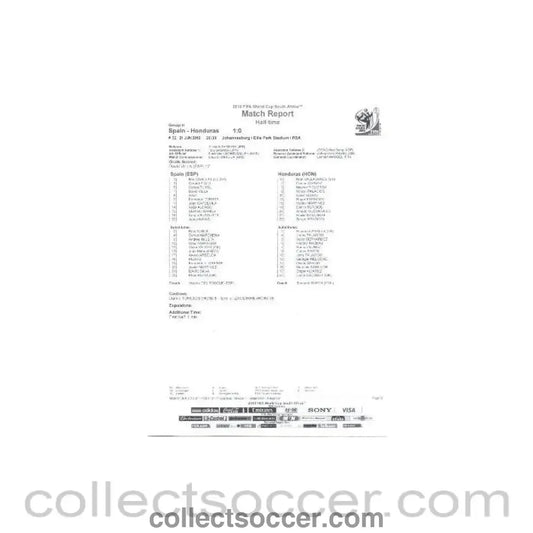2010 World Cup official black and white half - time Match Report Spain v Honduras 21/06/2010 - Collect Soccer