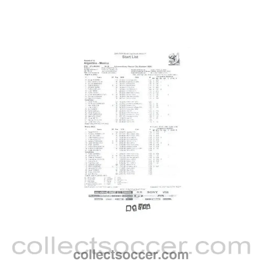 2010 World Cup official black and white Start List Argentina v Mexico 27/06/2010 - Collect Soccer