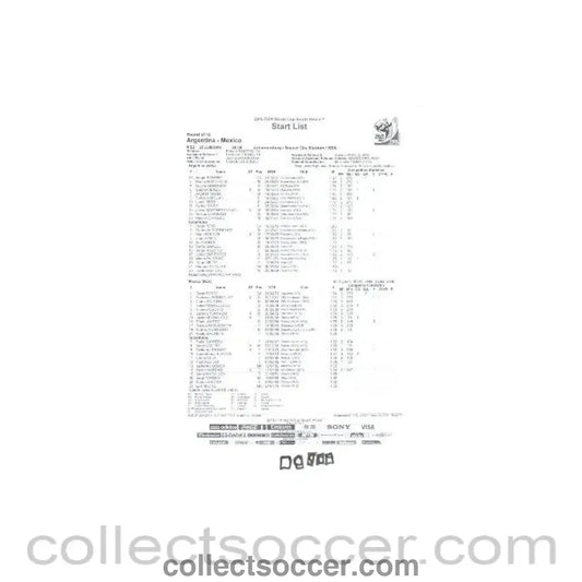 2010 World Cup official black and white Start List Argentina v Mexico 27/06/2010