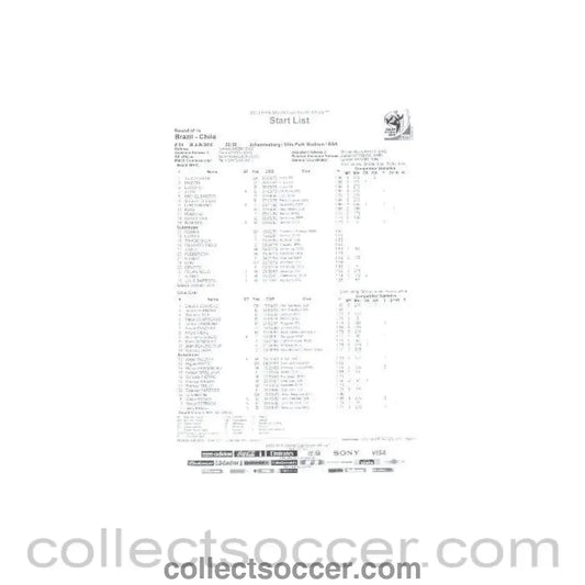 2010 World Cup official black and white Start List Brazil v Chile 28/06/2010