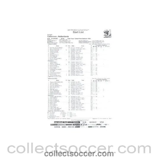 2010 World Cup official black and white Start List Cameroon v Netherlands 24/06/2010,