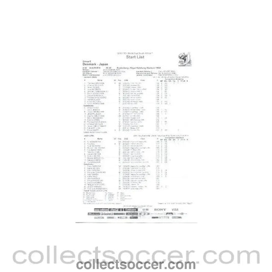 2010 World Cup official black and white Start List Denmark v Japan 24/06/2010