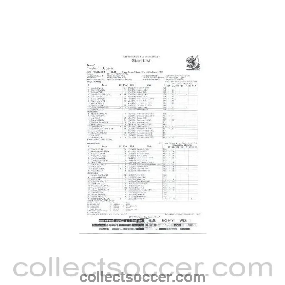 2010 World Cup official black and white Start List England v Algeria 18/06/2010 - Collect Soccer
