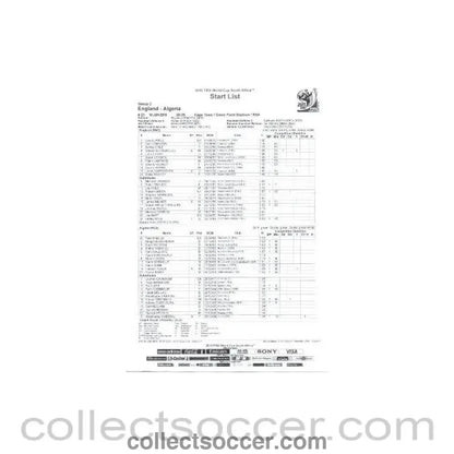 2010 World Cup official black and white Start List England v Algeria 18/06/2010 - Collect Soccer