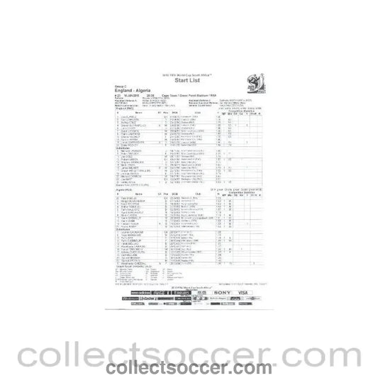 2010 World Cup official black and white Start List England v Algeria 18/06/2010