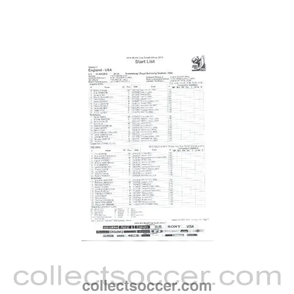 2010 World Cup official black and white Start List England v USA 12/06/2010 - Collect Soccer