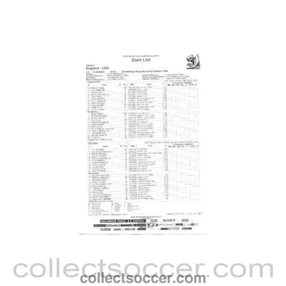 2010 World Cup official black and white Start List England v USA 12/06/2010 - Collect Soccer