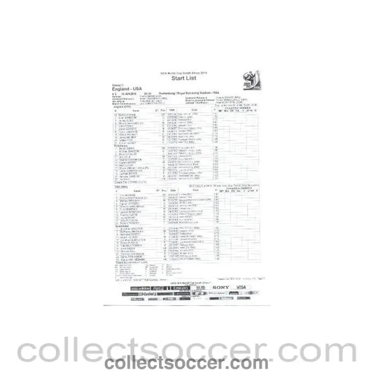2010 World Cup official black and white Start List England v USA 12/06/2010