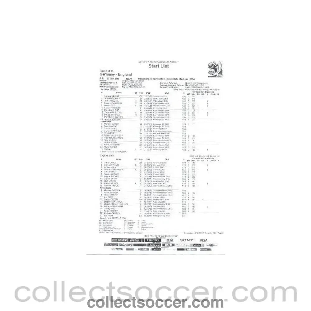 2010 World Cup official black and white Start List Germany v England 27/06/2010