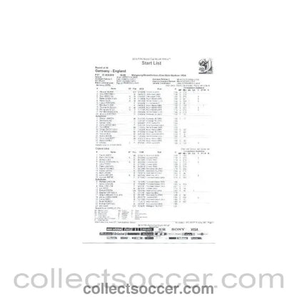 2010 World Cup official black and white Start List Germany v England 27/06/2010