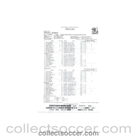 2010 World Cup official black and white Start List Germany v England 27/06/2010