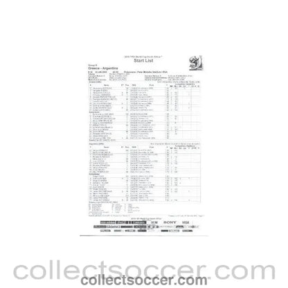 2010 World Cup official black and white Start List Greece v Argentina 22/06/2010