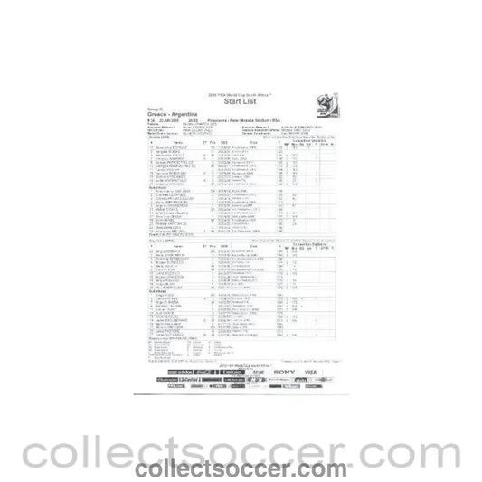 2010 World Cup official black and white Start List Greece v Argentina 22/06/2010