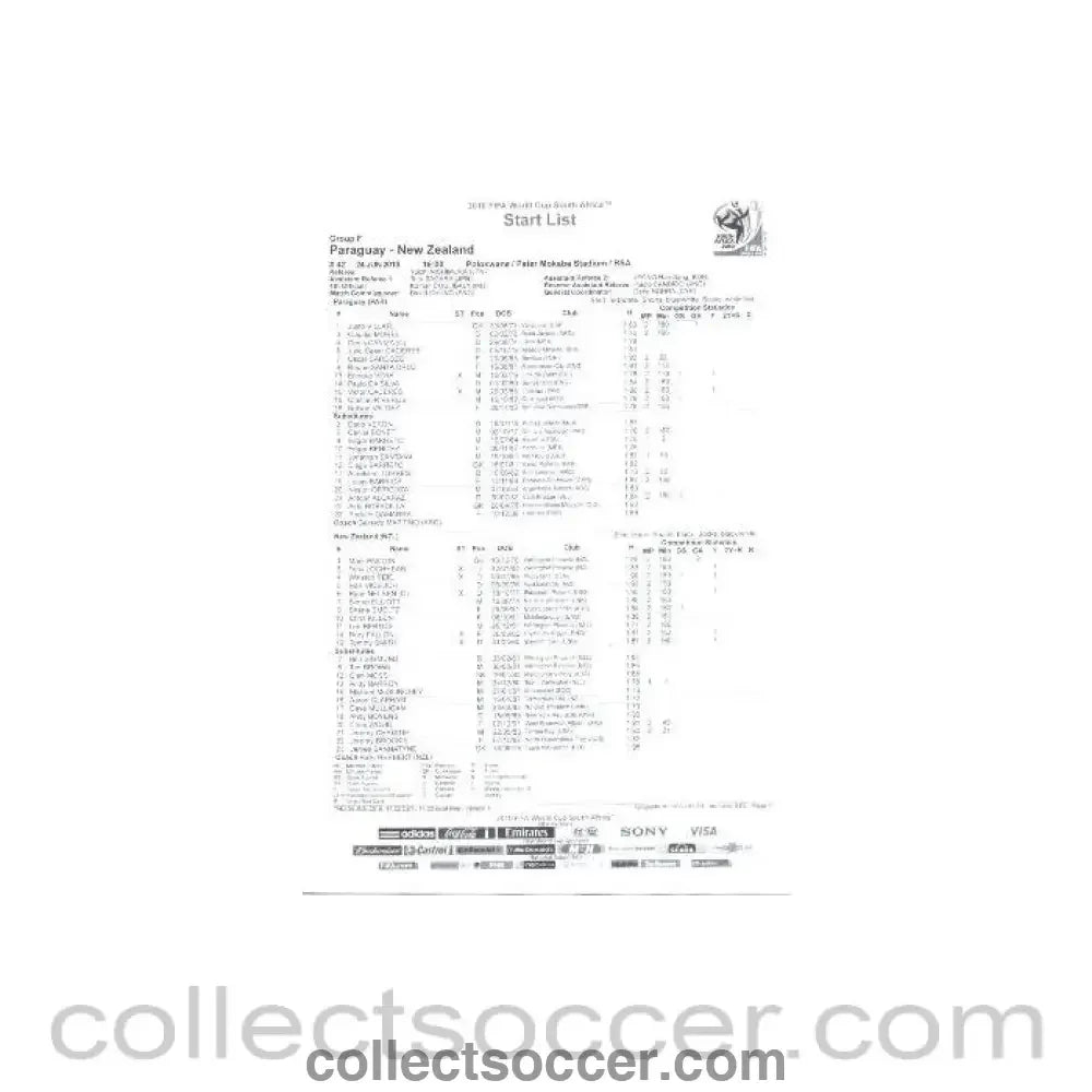 2010 World Cup official black and white Start List Paraguay v New Zealand 24/06/2010 - Collect Soccer