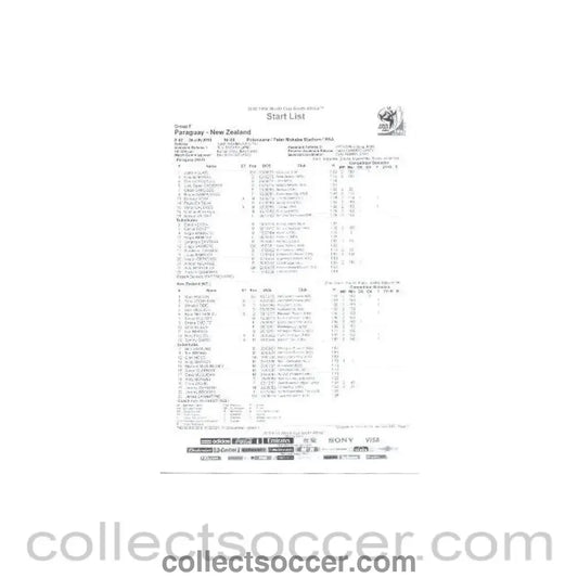 2010 World Cup official black and white Start List Paraguay v New Zealand 24/06/2010