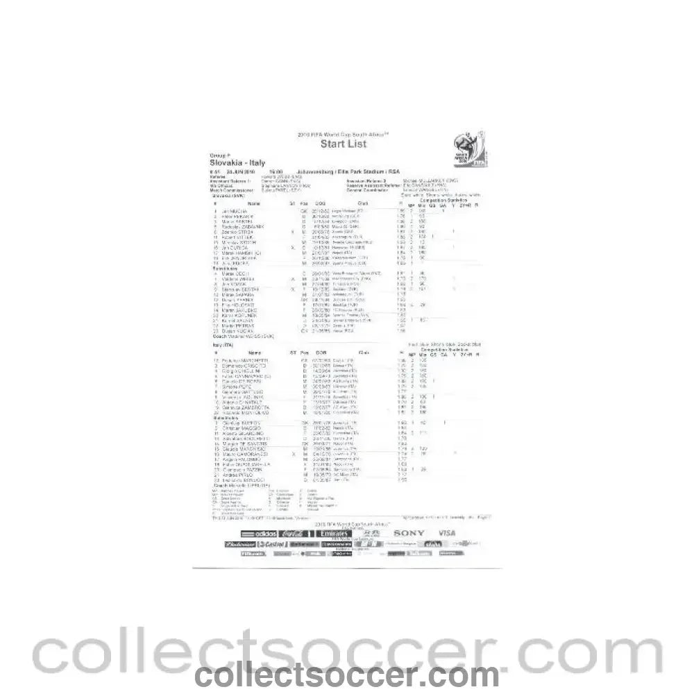 2010 World Cup official black and white Start List Slovakia v Italy 24/06/2010
