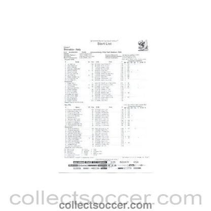 2010 World Cup official black and white Start List Slovakia v Italy 24/06/2010