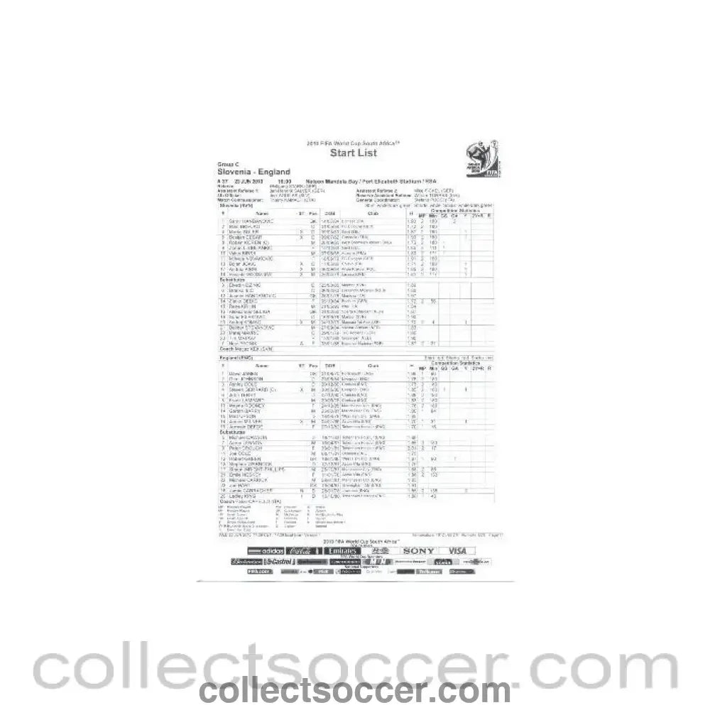2010 World Cup official black and white Start List Slovenia v England 23/06/2010 - Collect Soccer