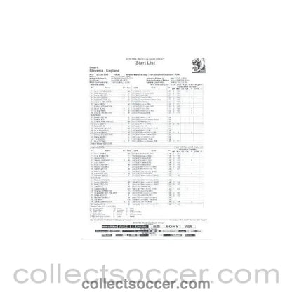 2010 World Cup official black and white Start List Slovenia v England 23/06/2010 - Collect Soccer