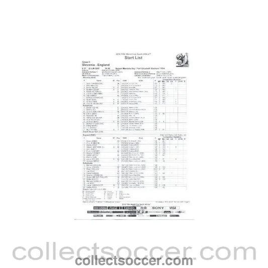 2010 World Cup official black and white Start List Slovenia v England 23/06/2010