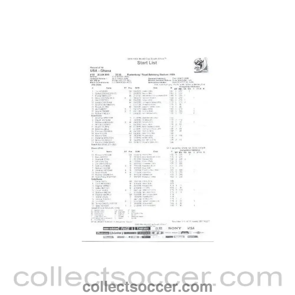 2010 World Cup official black and white Start List USA v Ghana 26/06/2010