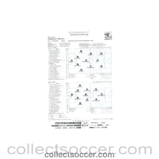 2010 World Cup official black and white Tactical Line - Up Argentina v Mexico 27/06/2010 - Collect Soccer