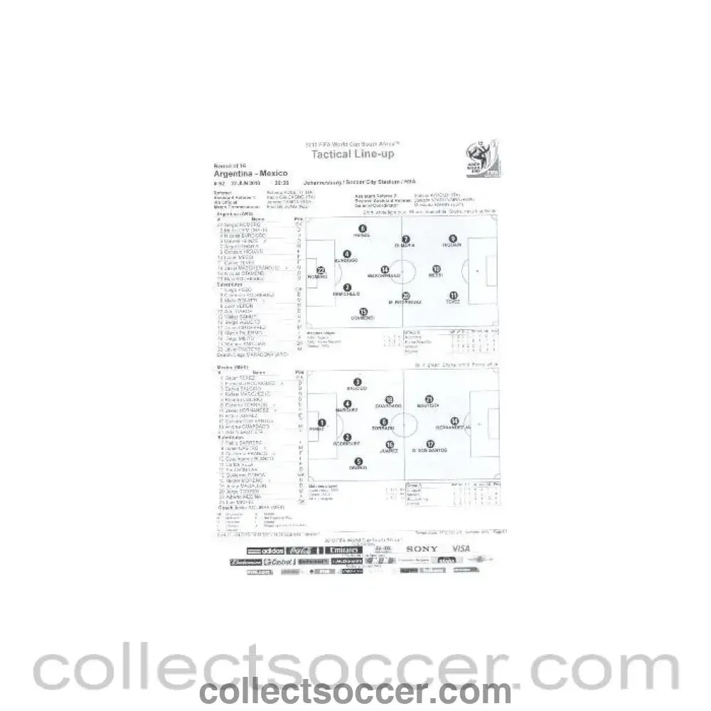 2010 World Cup official black and white Tactical Line - Up Argentina v Mexico 27/06/2010 - Collect Soccer