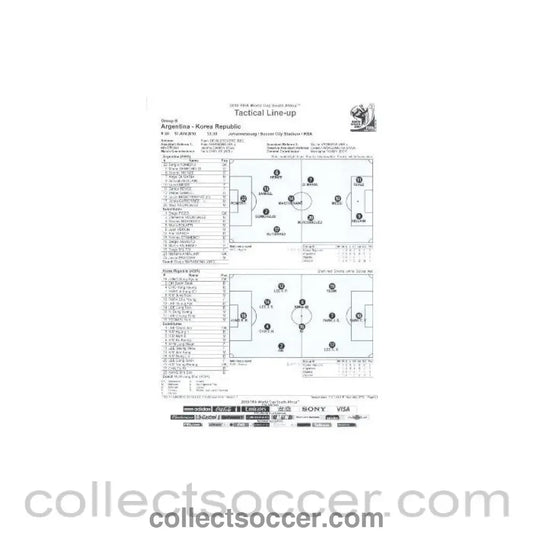 2010 World Cup official black and white Tactical Line - Up Argentina v South Korea 17/06/2010 - Collect Soccer