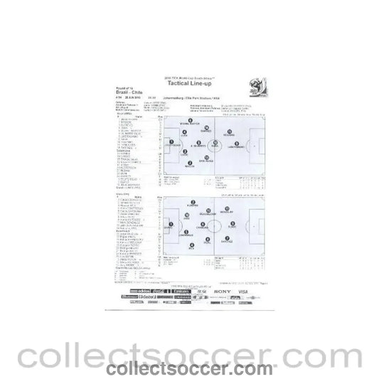 2010 World Cup official black and white Tactical Line-Up Brazil v Chile 28/06/2010