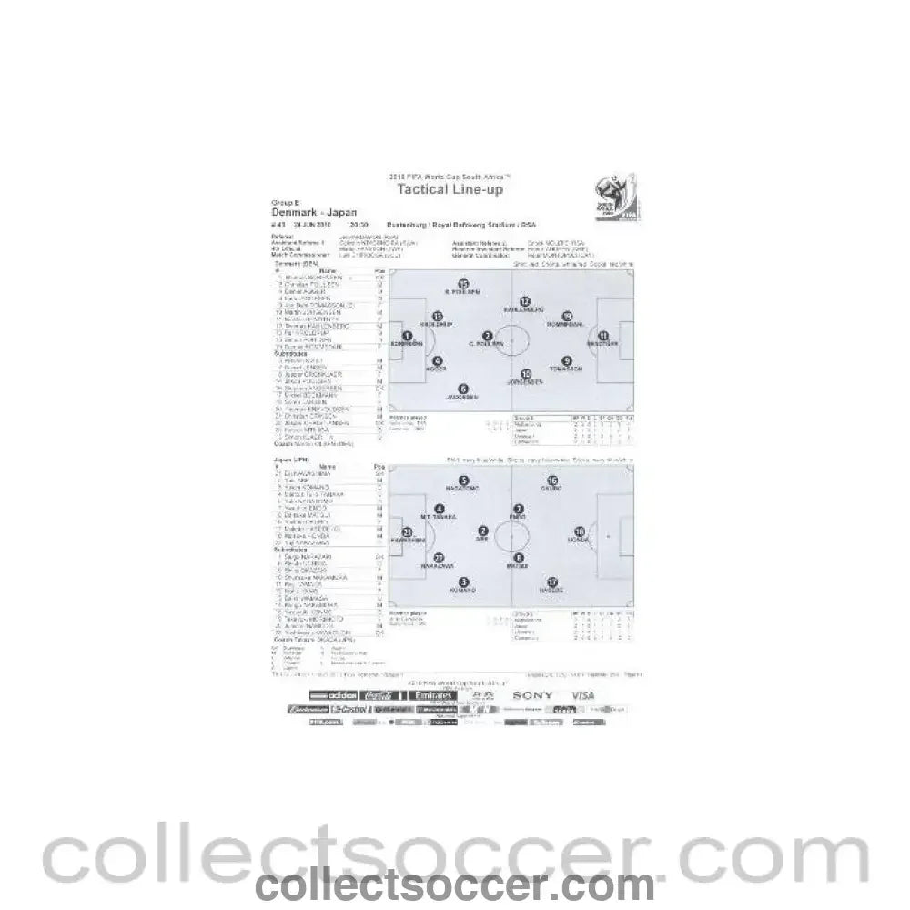 2010 World Cup official black and white Tactical Line - Up Denmark v Japan 24/06/2010 - Collect Soccer