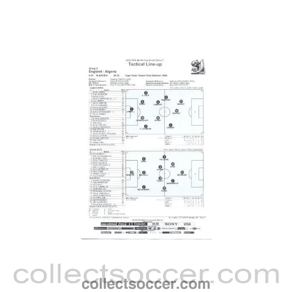 2010 World Cup official black and white Tactical Line-Up England v Algeria 18/06/2010