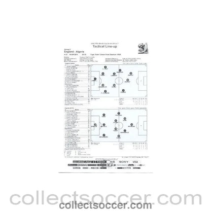 2010 World Cup official black and white Tactical Line-Up England v Algeria 18/06/2010