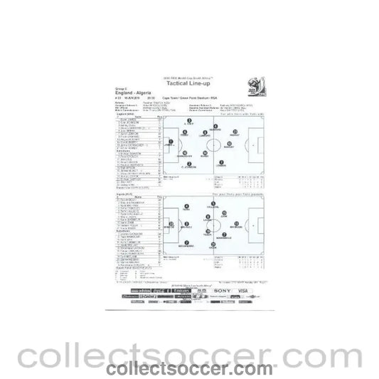 2010 World Cup official black and white Tactical Line - Up England v Algeria 18/06/2010 - Collect Soccer