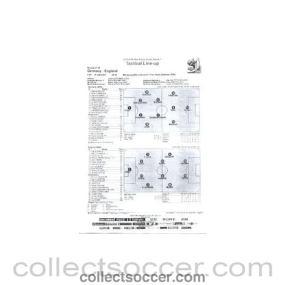 2010 World Cup official black and white Tactical Line - Up Germany v England 27/06/2010 - Collect Soccer