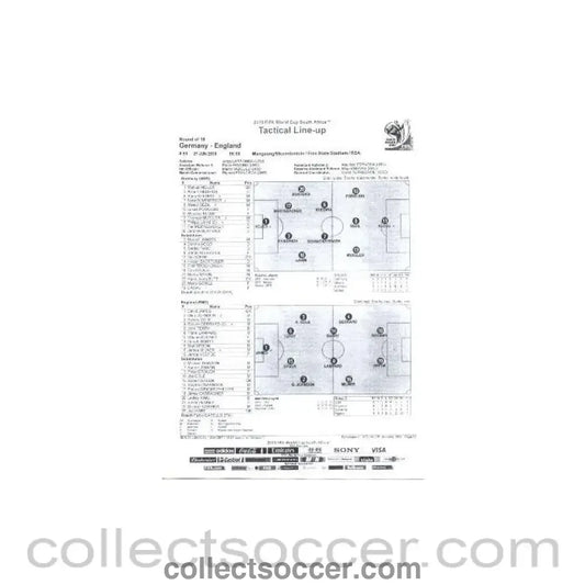 2010 World Cup official black and white Tactical Line - Up Germany v England 27/06/2010 - Collect Soccer
