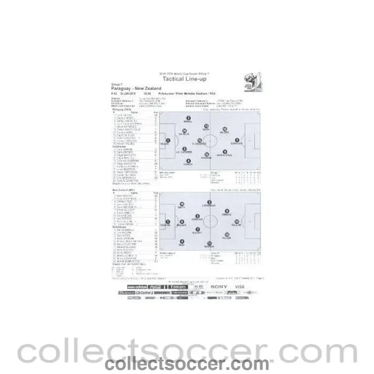 2010 World Cup official black and white Tactical Line - Up Paraguay v New Zealand 24/06/2010 - Collect Soccer