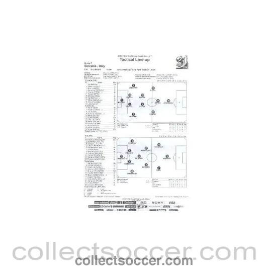 2010 World Cup official black and white Tactical Line - Up Slovakia v Italy 24/06/2010 - Collect Soccer