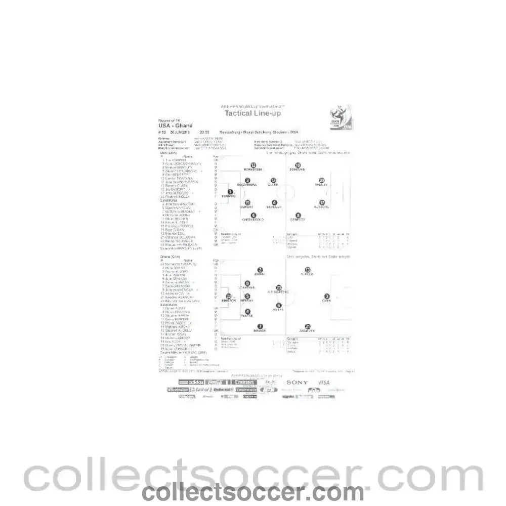 2010 World Cup official black and white Tactical Line-Up USA v Ghana 26/06/2010